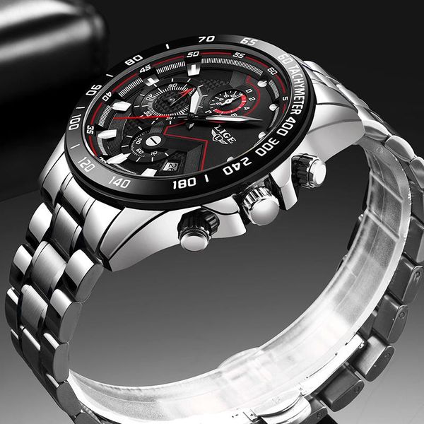 

wristwatches lige luxury fashion mens watches waterproof luminous quartz watch men brand military sport full steel chronograph reloj, Slivery;brown