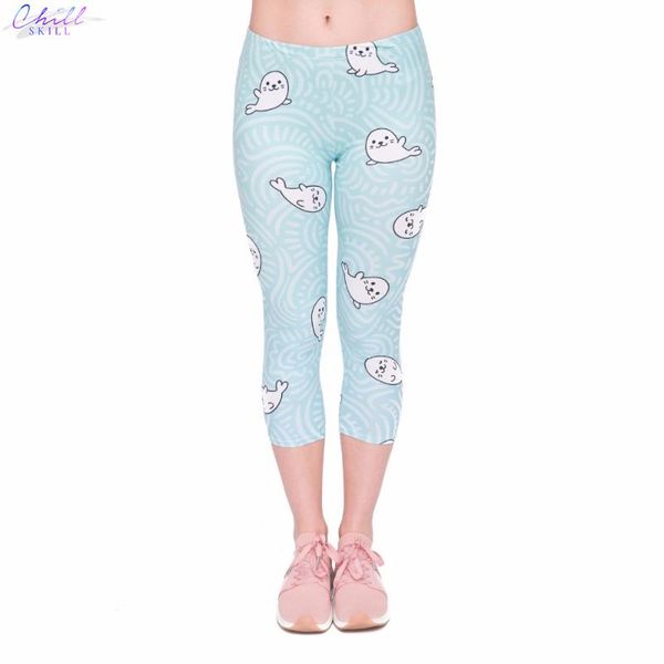 

women's leggings chill skill summer s women capri little sea lion printed mid-calf 3/4 fitness movement leggins pants, Black