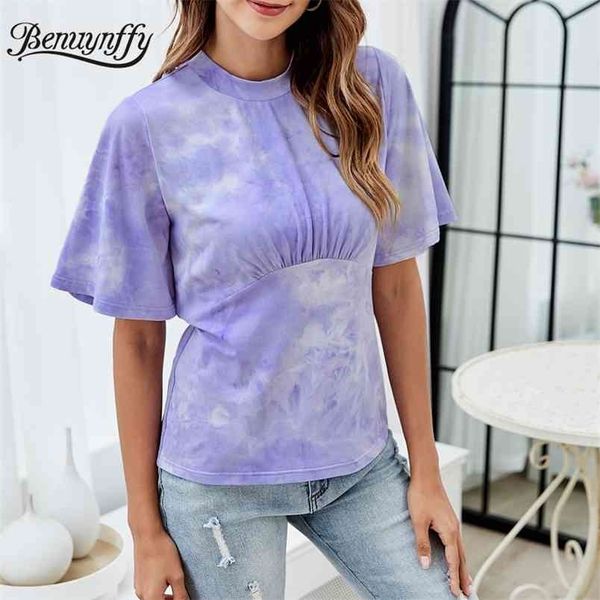 

mock neck tie dye ruched tee women fashion summer short sleeve female tees o-neck casual slim fit t-shirt 210510, White