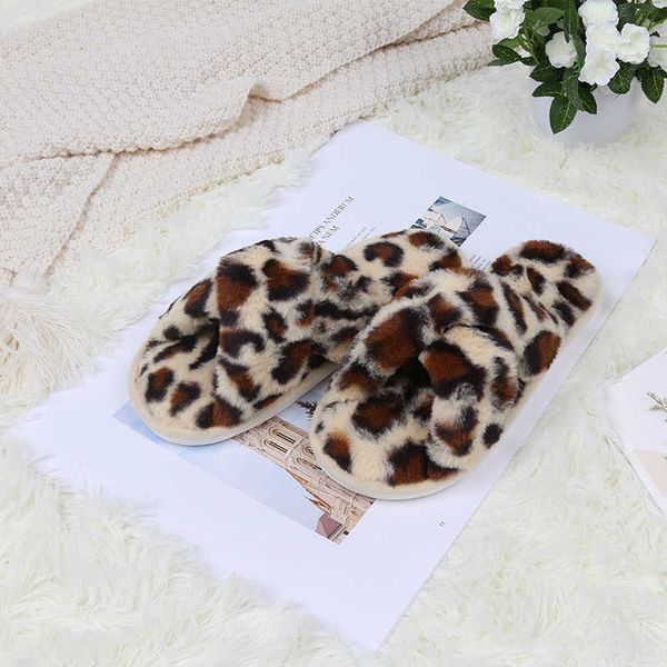 

ginchasio women home slippers winter warm leopard color indoor cross-tied fluffy female flat fur shoes ladies soft slippers h0827, Black