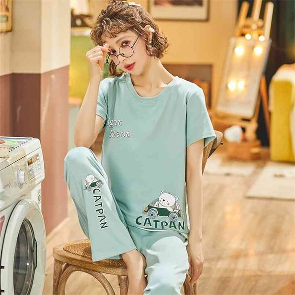 Calças de corpo inteiro + t-shirt curta de algodão das mulheres pijamas 2pcs / set Korean Senhora Roupa Verão Sleepwear Dormir Tops Pijamas 210809