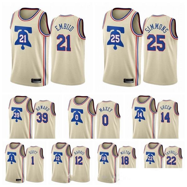 

2021 wholesale mens joel embiid ben simmons tyrese maxey earned edition cream custom printed basketball jersey, Black;red