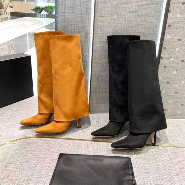 

boots suede knee high women trouser loose heels pointed toe designer woman shoe winter ladies shoes, Black
