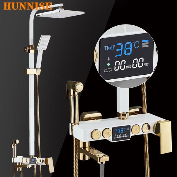 

and cold bathroom shower system waterfall rainfall faucet white gold modern digital screen tap sets