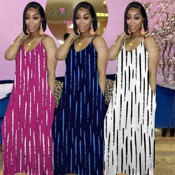 

summer printed sling pocket dress women's loose long female casual sleeveless oversized pullover maxi femme 210517, Black;gray