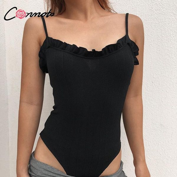 

women's jumpsuits & rompers conmoto black bodysuit women 2021 sleeveless strap v-neck elastic slim jumpsuit ruffle lace girl, Black;white