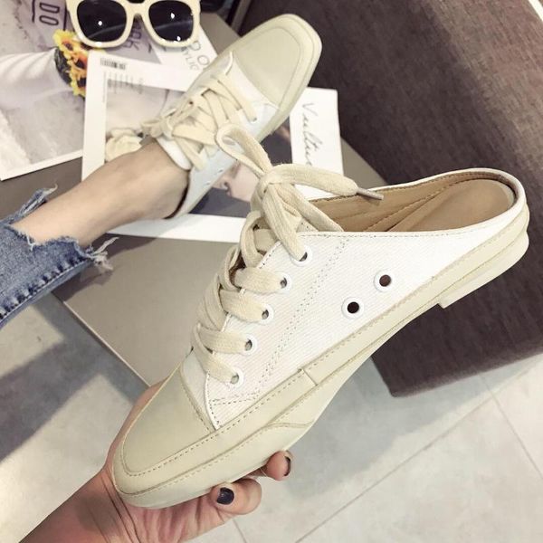

slippers spring 2021 woman half slipper canvas shoes flat sneakers women casual comfortable loafer driving low lace up 4870, Black