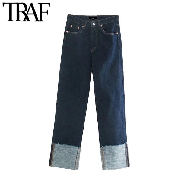 

women chic fashion folded up wide leg jeans vintage high waist zipper fly denim female trousers mujer 210507, Blue
