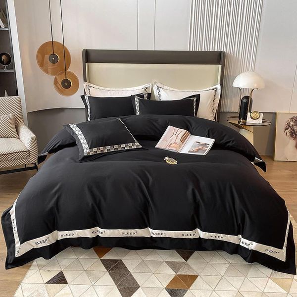 

bedding sets set luxury egyptian cotton bed satin embroidery bedclothes black color sheet for double kit