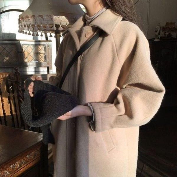 

women's wool & blends woolen coat mid-length 2021 winter korean apricot student loose elegant long jacket streetwear windbreaker, Black