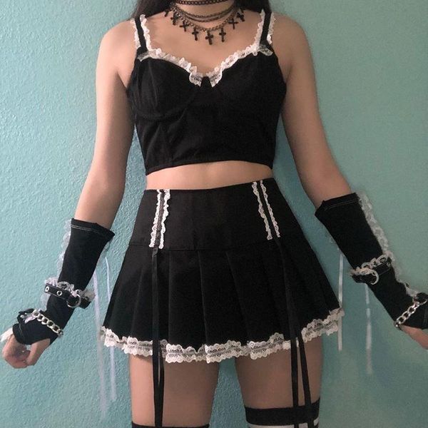 

skirts pleated mini skirt women girls short high waist skater tennis gothic y2k harajuku, Black