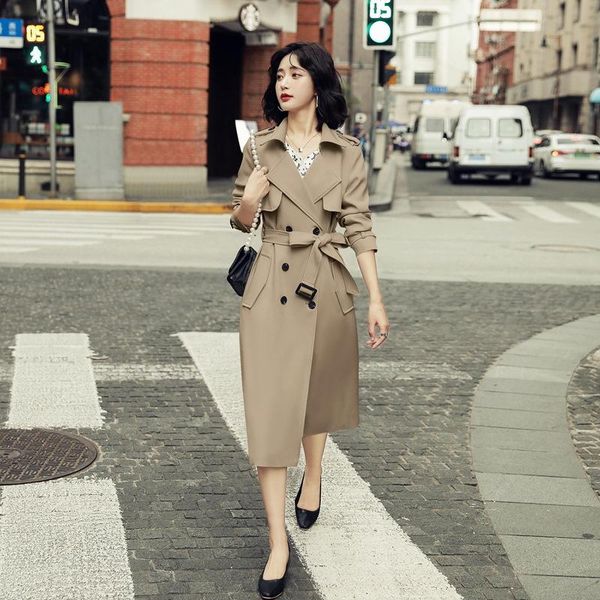 

women's trench coats coat for women fashion windbreaker winter clothes long khaki jacket korean style retro casual turn-down, Tan;black