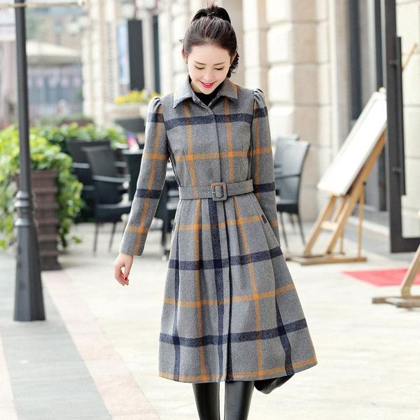 

casual dresses autumn and winter women's korean slim was thin long-sleeved thick plaid long fashion woolen dress, Black;gray
