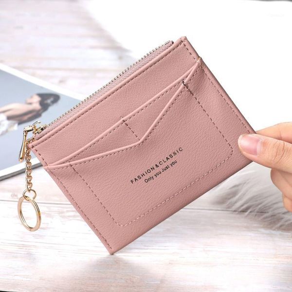 

pure color fresh ultra thin women's zipper wallet card bag with key chain zero cardholder for women purse, White