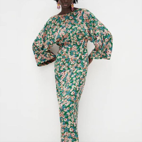

za floral green midi vintage women dress cottagecore summer loose long sleeve elegant casual, Black;gray