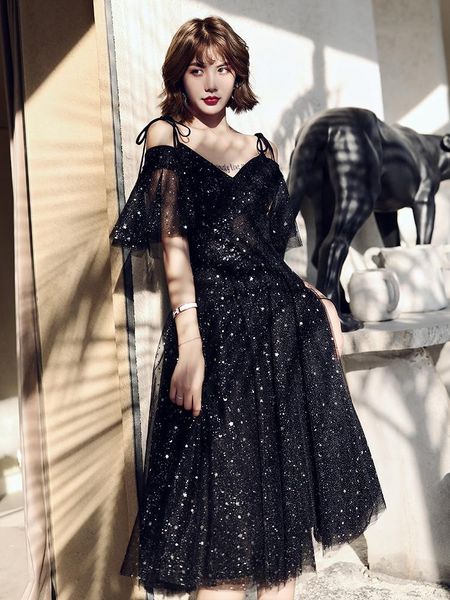 

ethnic clothing summer shiny black sequined v neck dress backless spaghetti strap tulle evening party gown, Red