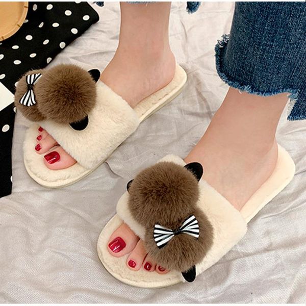 

slippers cartoon plush slipper women soft warm furry female room winter house flat shoes comfortable ladies casual slides 2021, Black