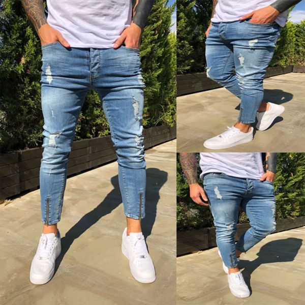 

ripped s hol fashion denim jeans slim straight trend mens stylist, Blue