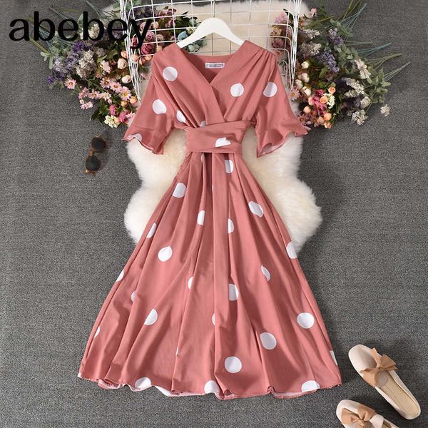 

women summer french lotus sleeve dress bow sashes print a-line dress small fresh v-neck wave point print dress 210715, Black;gray