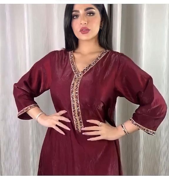 

ethnic clothing muslim satin maxi dress abaya dubai kaftan arabic fashion diamond ribbon v neck robe turkey islamic jalabiya african, Red