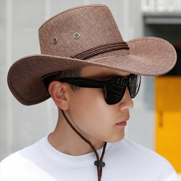 

men summer cowboy sun hat flax breathable outdoor caps comfortable cycling hats wild jazz picnic golf travel, Blue;gray