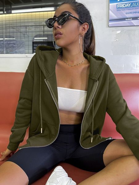 

kangaroo pocket drop shoulder zip-up hooded sweatshirt k9zd#, White;black