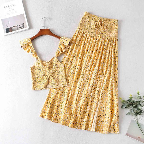 

two piece dress 2 colors women floral print set summer ruffle crop long skirt boho beach casual holiday bohemian suits uenn, White