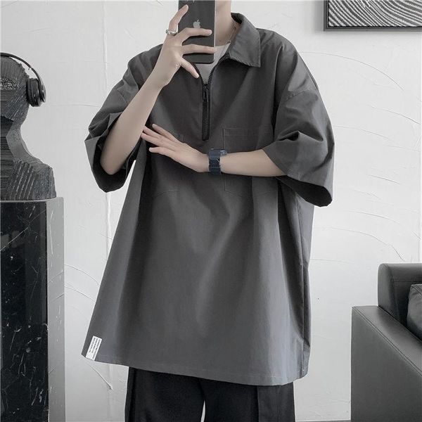 

men's casual shirts cargo korean zipper pullover men fashion loose streetwear social short-sleeved for, White;black