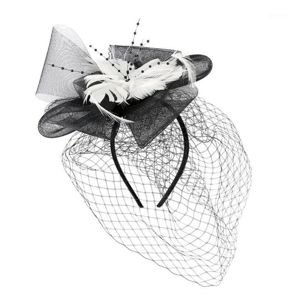 

feather headband floral headdress mesh veil hair clip women decoration for wedding evening party (white)1