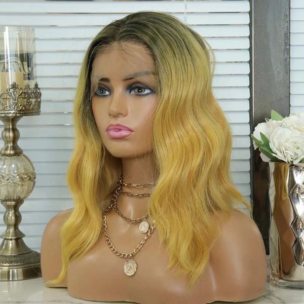 

synthetic wigs light brown ombre blonde shorter water wave lace frontal wig glueless pre pluked heat resistant daily use for women, Black