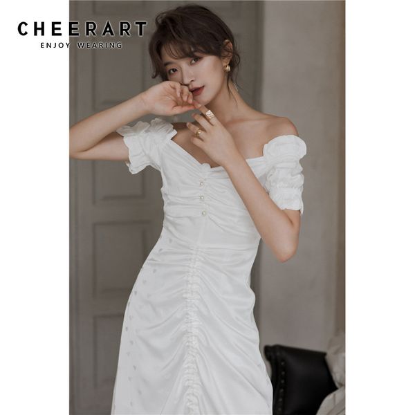 

vintage off shoulder white ruched dress strapless pearl long mid a line ladies drawstring summer fashion 210427, Black;gray
