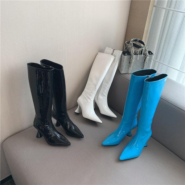 

boots pointed toe women knight booties patent leather black/white/blue fashion ladies thin high heels party pumps 39