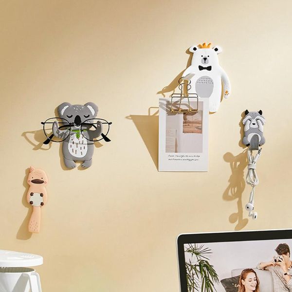 Ganchos trilhos de desenho animado em forma de animal gancho decorativo flexível adesivo infantil organizador de armazenamento de decoração de sala