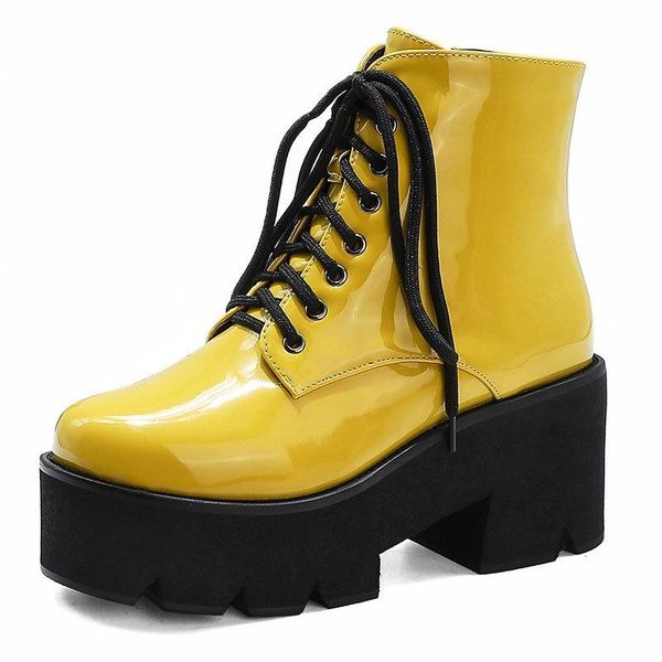 

boots spring and autumn laser wedge patent leather lace-up ankle platform women's large mujer size 32-43, Black