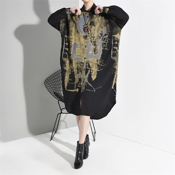 

women black patter print split big size dress lapel long sleeve loose fit fashion spring autumn 1m92501, Black;gray