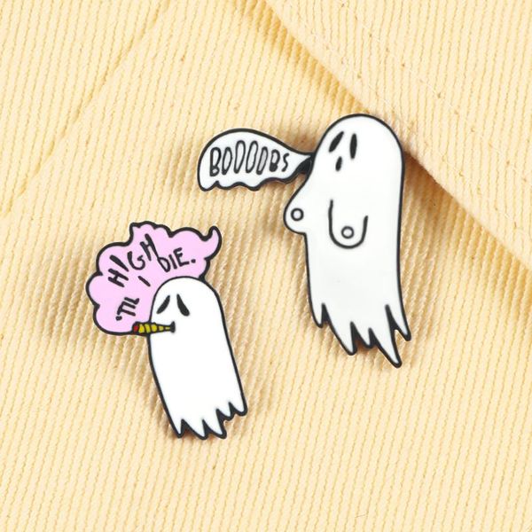 Pins, Broschen 2 teile / satz Persönlichkeit Email Pins Cartoon Rauch Ghost Brosche hoch, bis ich sterben Jeans Revers Abzeichen Pin Schmuck Geschenke