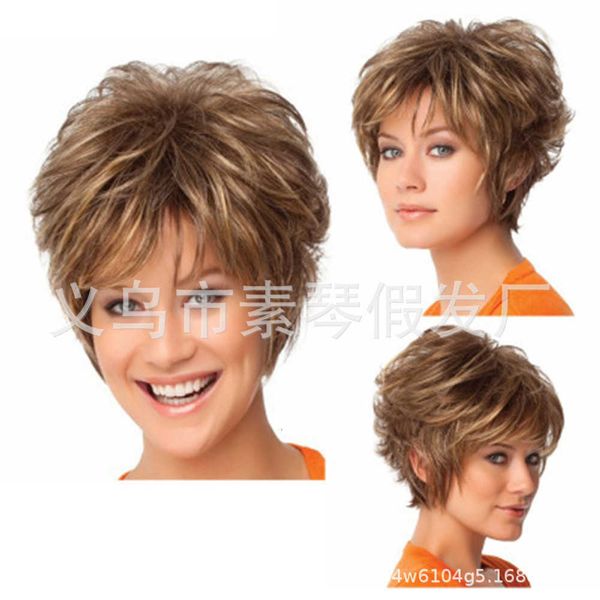 

fashion ffy curly golden brown short hair cap wig, Black
