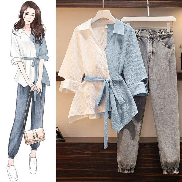 

women's tracksuits women 2021 spring autumn v-neck with belt blouse +jeans two-piece outfits suit female denim pants casual sets plus s, Gray