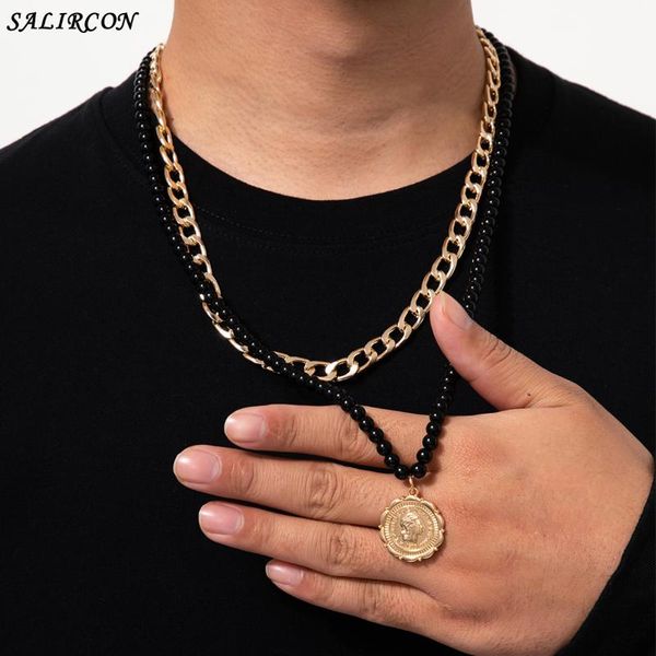 

goth acrylic beads portrait coin pendant necklace for women men vintage link chain on the neck choker jewelry necklaces, Silver