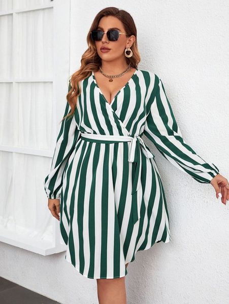 

plus vertical striped lantern sleeve belted dress 32v4#, Black