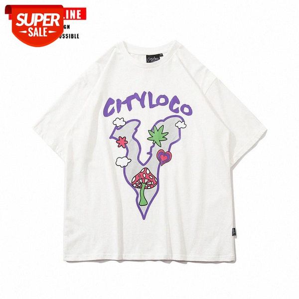 

streetwear men american retro mushroom short-sleeved men's and women's printed t-shirt loose round neck tide brand couple five-poi, White;black