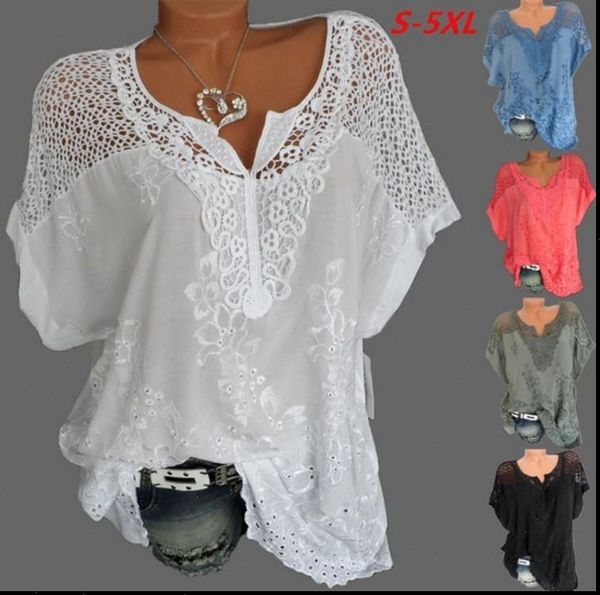 

large size loose short womens blouses sleeved lace cotton summer fashion, White