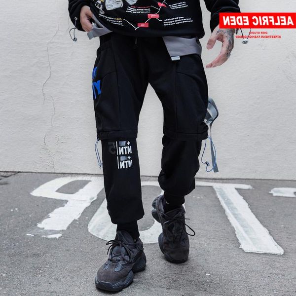 

men's pants patchwork big pockets men cargo fashion harajuku ribbon sweatpants hip hop casual streetwear joggers trousers, Black