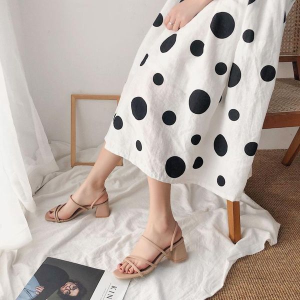 

sandals female summer slippers ladies high heels square open toe slides party shoes women for 2021, Black