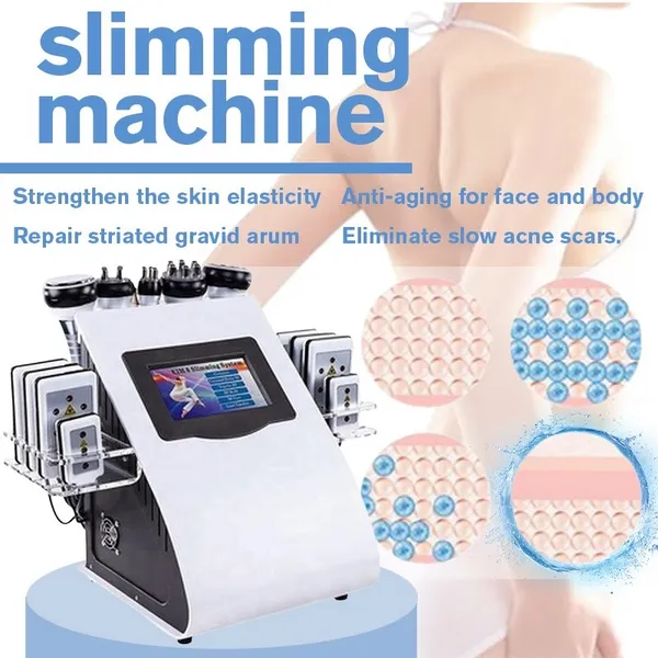 Novo modelo 6 em 1 Máquina de cavitação por ultrassom 40k Ultrassônico Cavitação de gordura Contorno Contorno Lipolaser RF Peso Reduzir o equipamento de emagrecimento