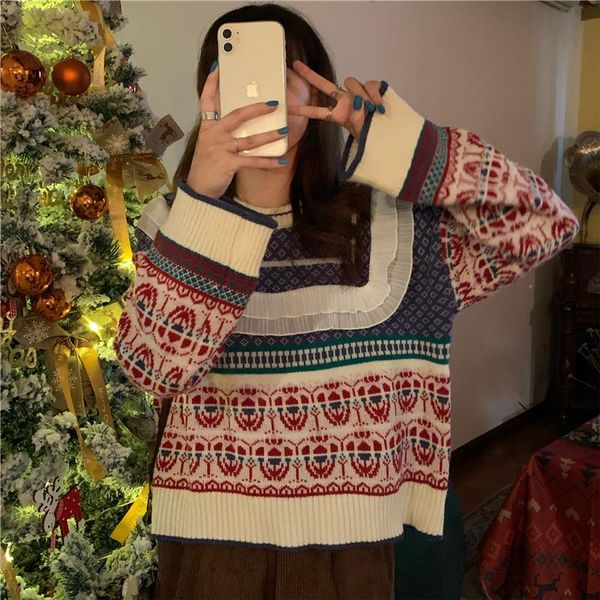 

autumn and winter retro loose sweater stitching ruffled outer wear design knit long sleeve women's sweaters, White;black