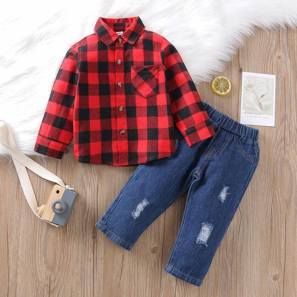 

clothing sets toddle 2pcs boys plaid fashion winter checked shirt single breasted turn-down collar +ripped jeans set outfits, White