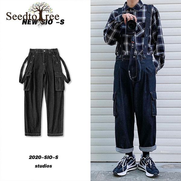 

men's jeans overalls solid straight wide leg casual pants fashion cargo, Blue