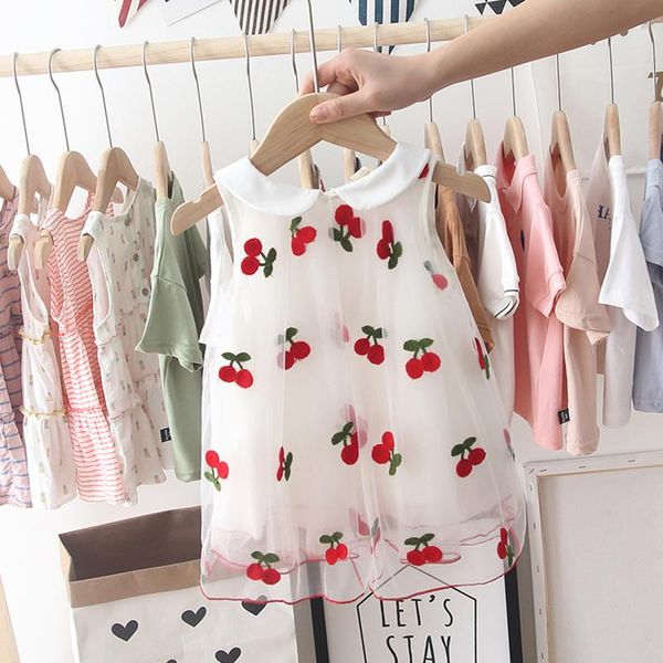 

girl's dresses girls cute dress cherry embroidery princess kids baby girl cloths puffy yarn 2021 summer children lace sleeveless, Red;yellow