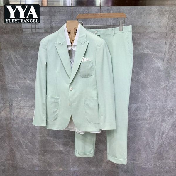 

british style mens fashion slim suit jackets notched single breasted pockets split casual pants korean business set men's suits & blaze, White;black